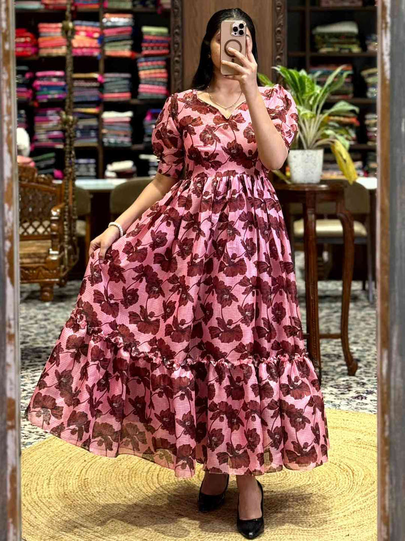 Baby Pink Floral Print Midi Dress