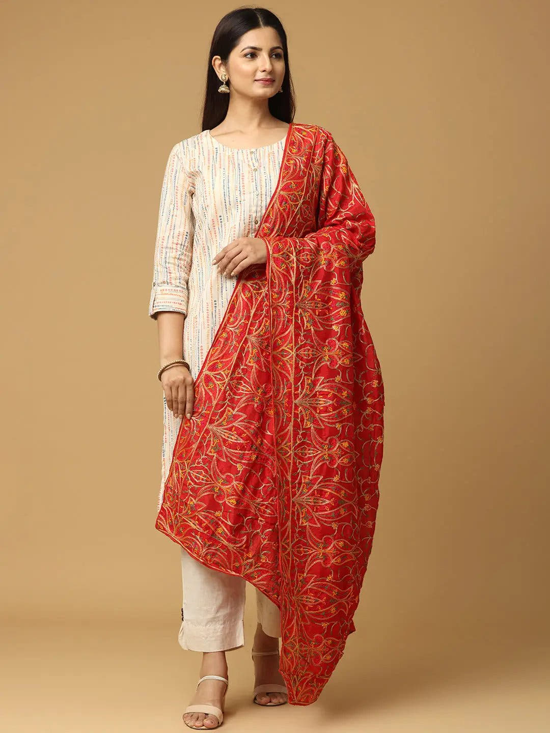 Red Warm Dense Floral Pashmina Dupatta