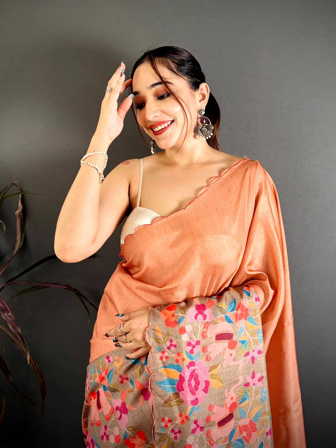 Peach Bird Print Tussar Festive Saree