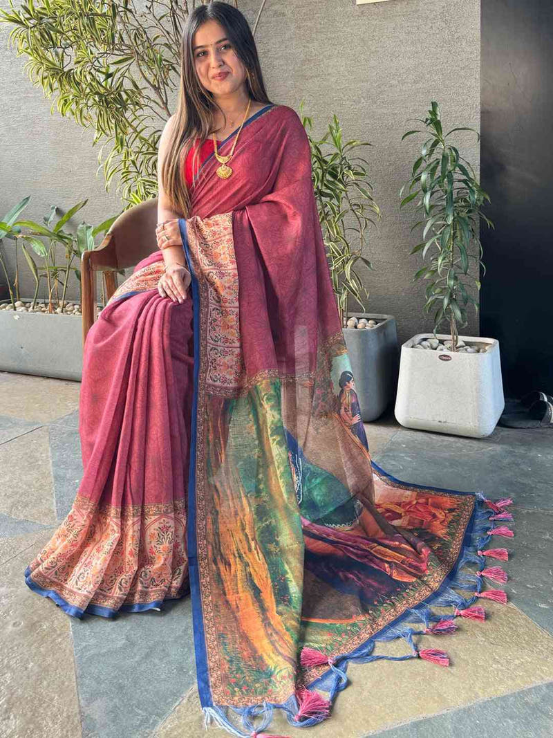Burgundy Colour Ikkat Print Saree With kalamkari Block Print Design