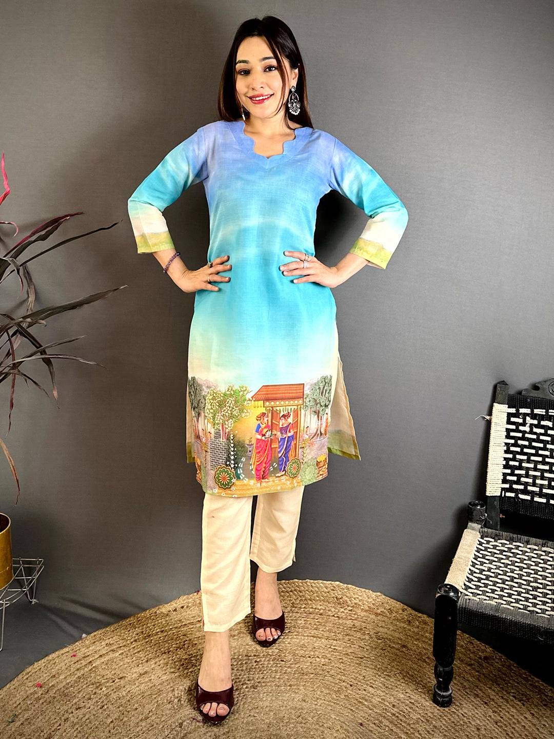 V  Wave  Neck  Mul  Cotton  Kurti
