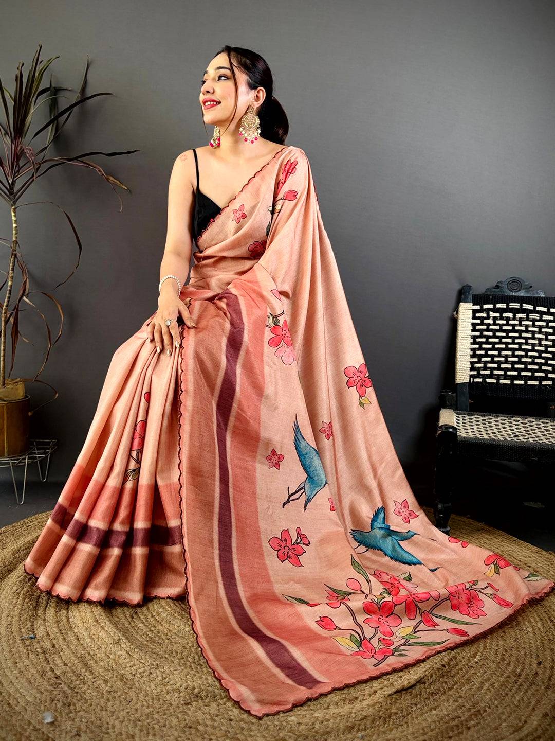 Designer Bird Print Tussar Saree