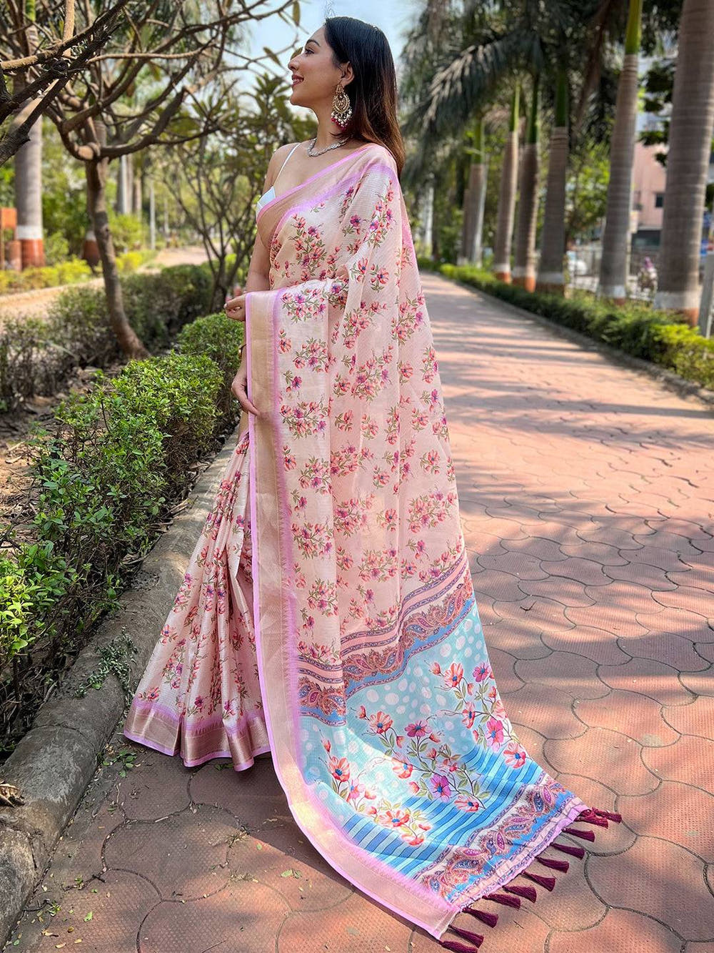 Peach Kota With Digital Floral Printed Saree