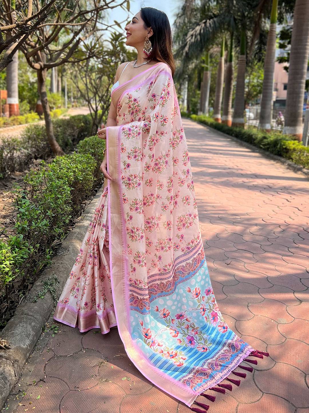 Peach Kota With Digital Floral Printed Saree