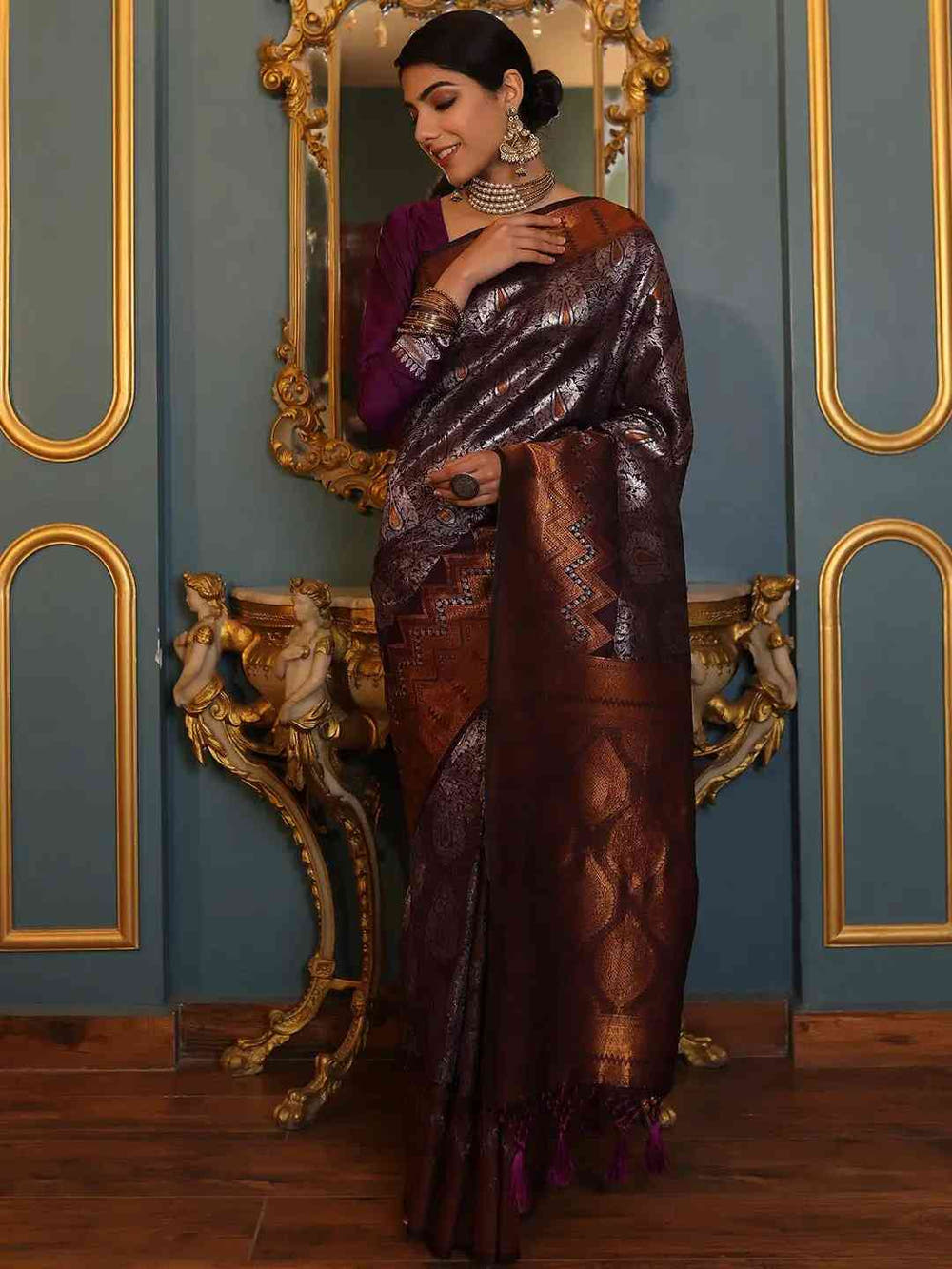 Wine Colour Kanjivaram Silk Saree With Zari Work