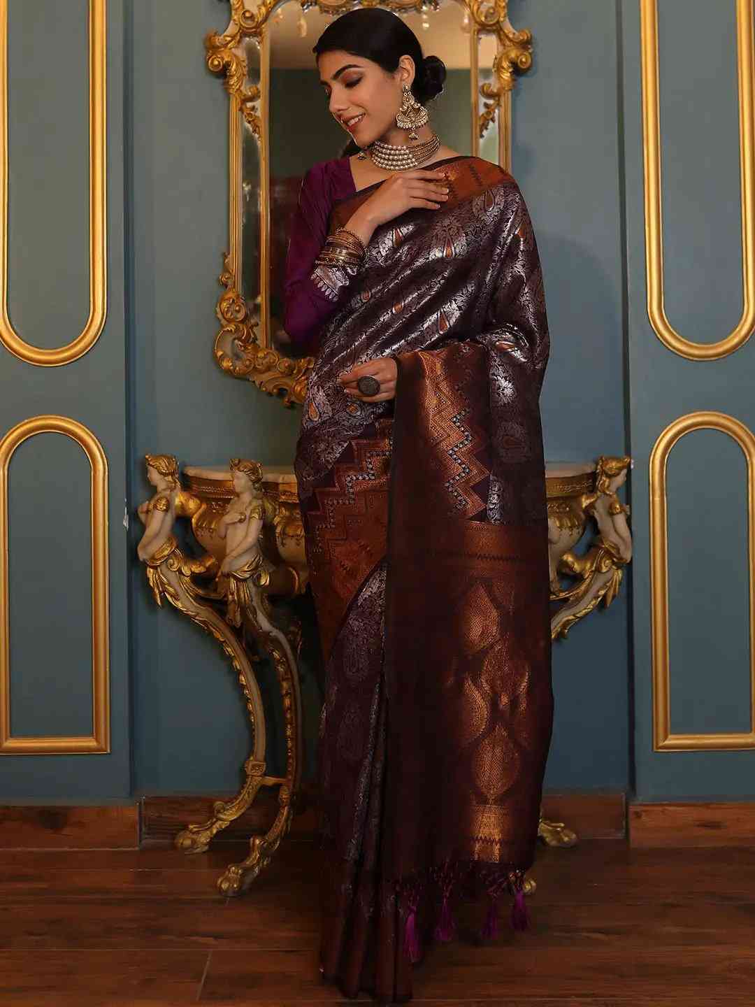 Wine Colour Kanjivaram Silk Saree With Zari Work