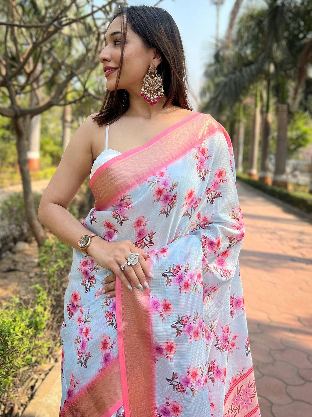 Light Blue Kota With Digital Floral Printed Saree