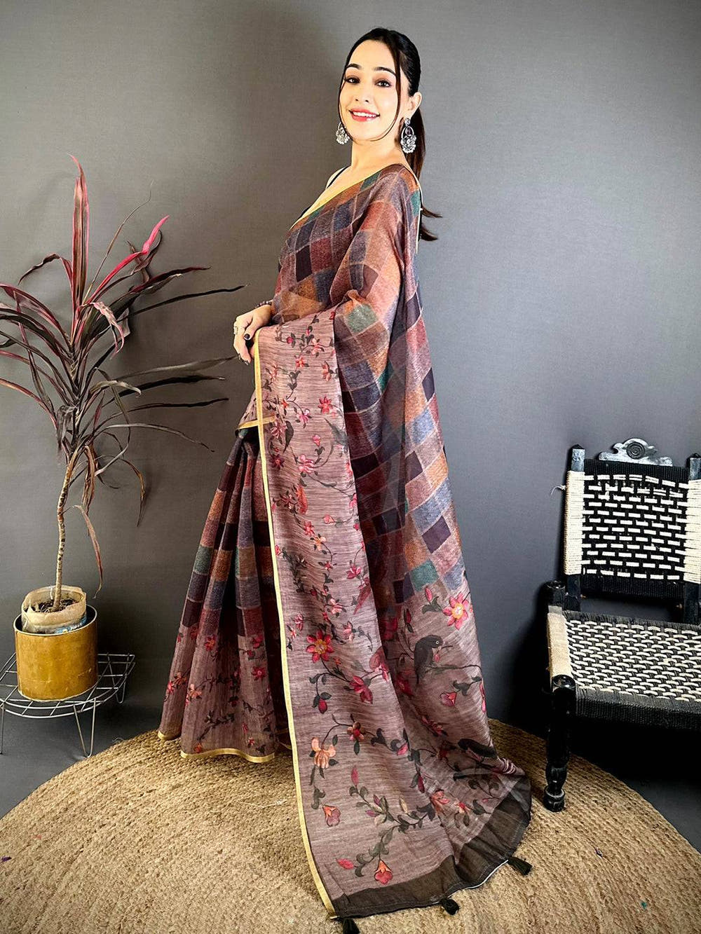 Opulent Multicolor Block Print Linen Saree