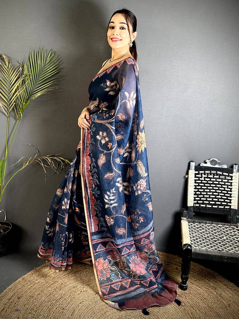 Radiant Floral Hand Art Linen Saree