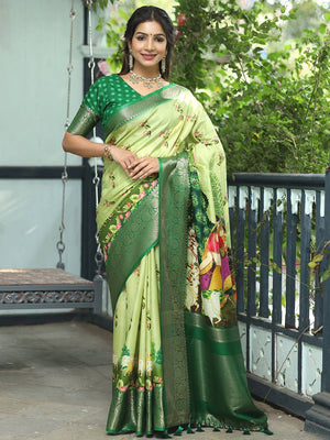 Pichwai Print Zari Weaving Pallu Saree In Light Green Colour - Luxe