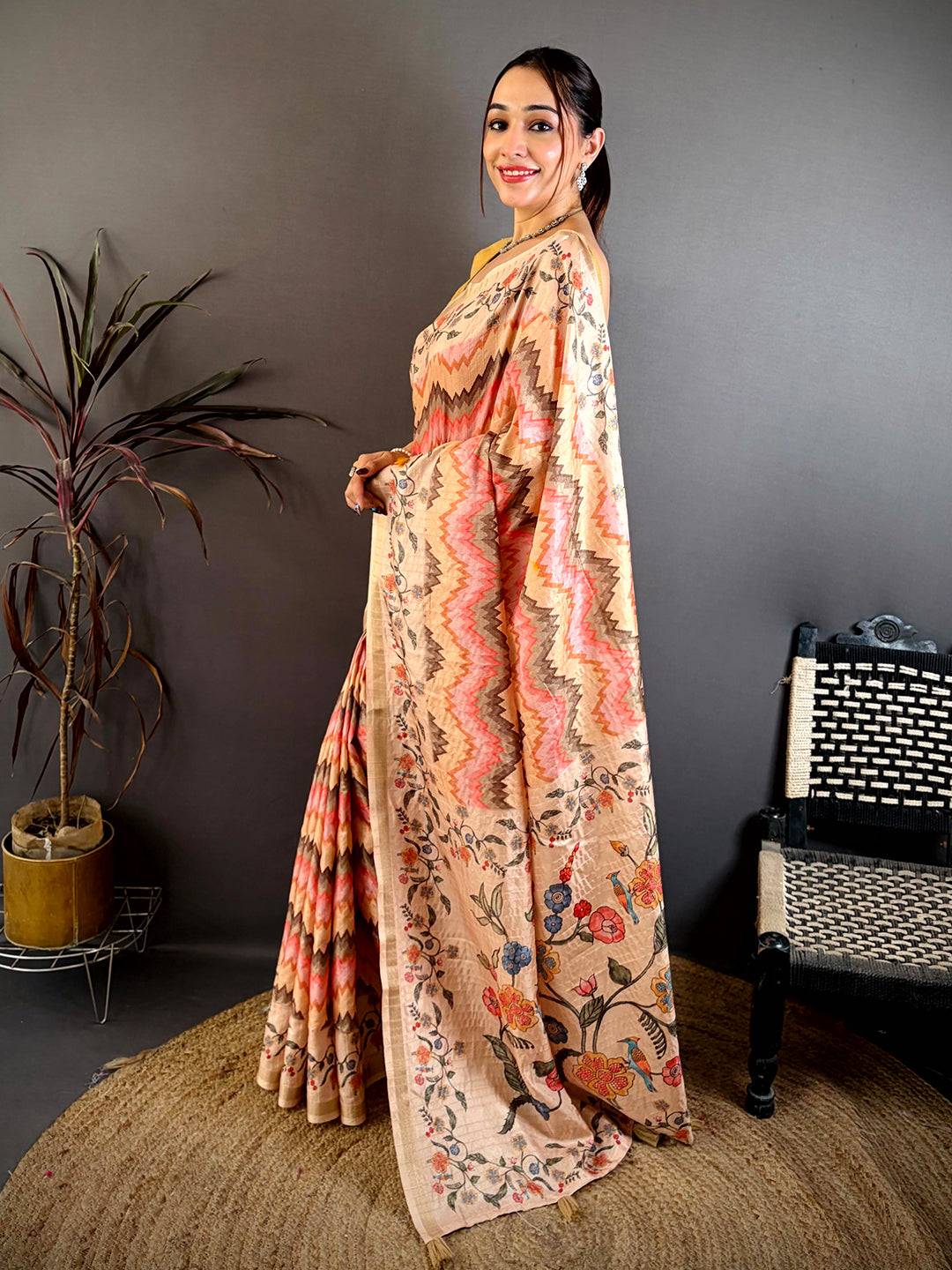 Heritage Kalamkari Ikkat Soft Tussar Saree