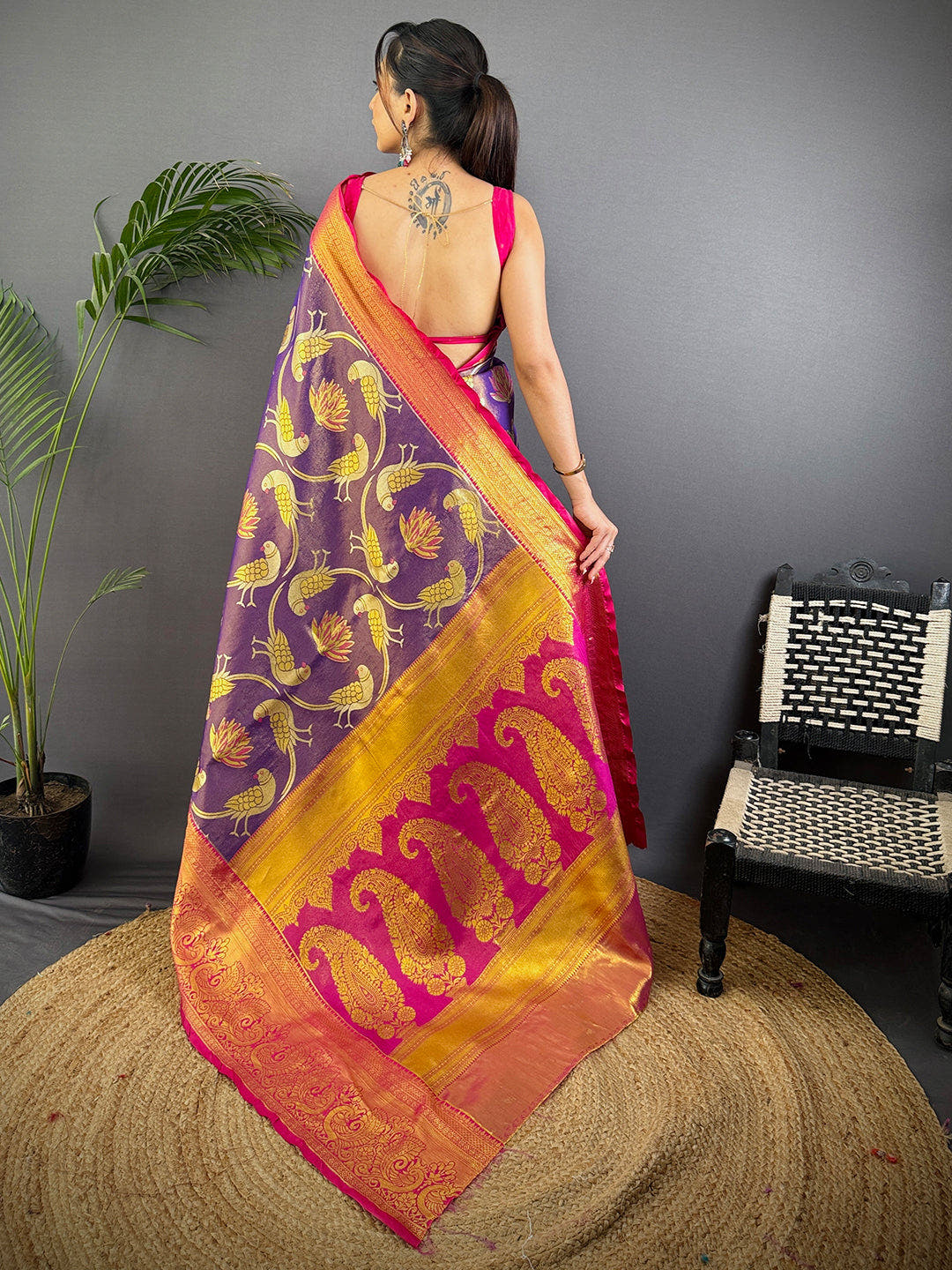 Purple Dharmavaram Gold Birds Print Saree