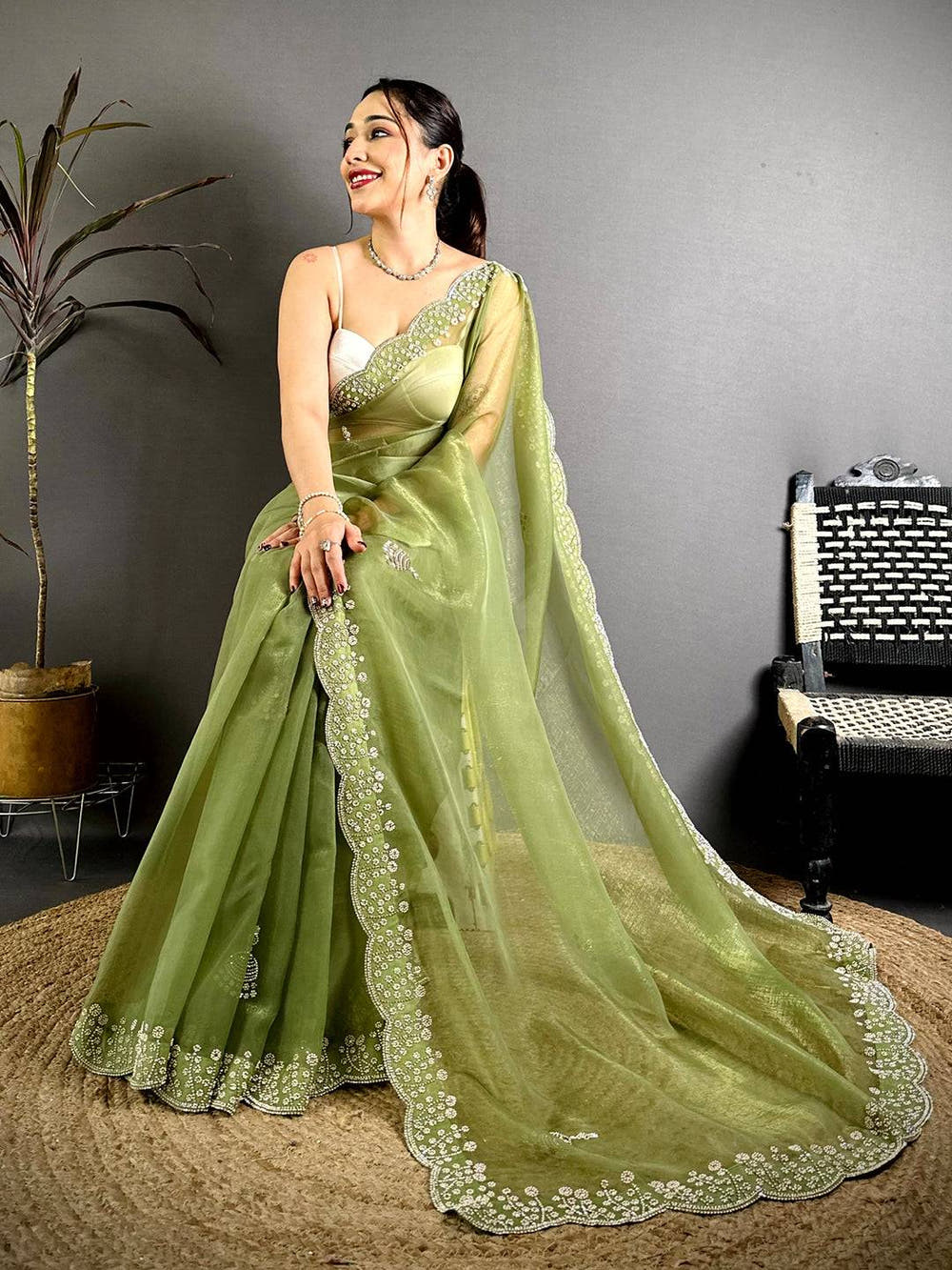 Green Pearl Zarkhond Chiffon Tissue Saree