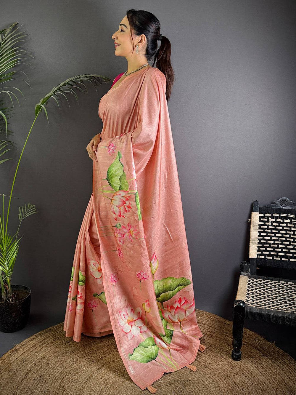 Baby Pink Pichwai Print Tussar Silk Saree