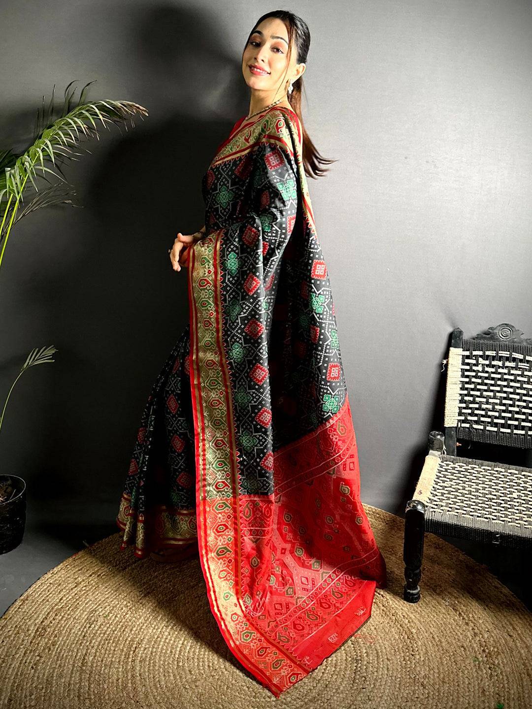 Black Soft Silk Saree With Patola Weaving