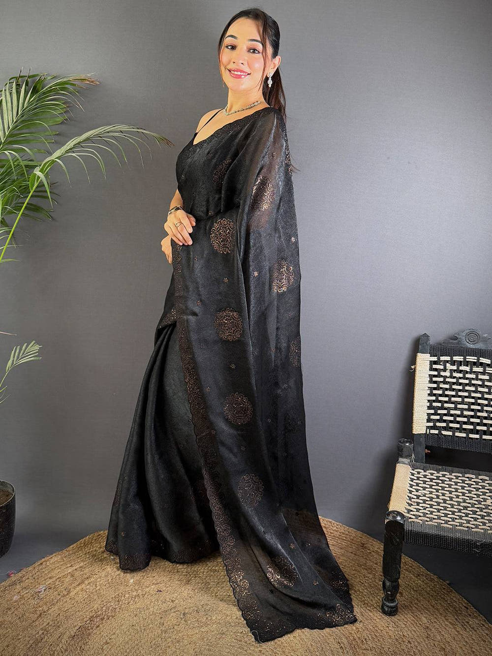 Black Art Silk Sequence Work Saree