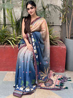Soft Linen Ombre Pichwai Printed Blue Colour Saree