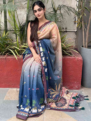 Soft Linen Ombre Pichwai Printed Blue Colour Saree