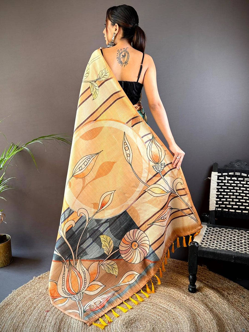 Peach Zari Tussar Printed Saree