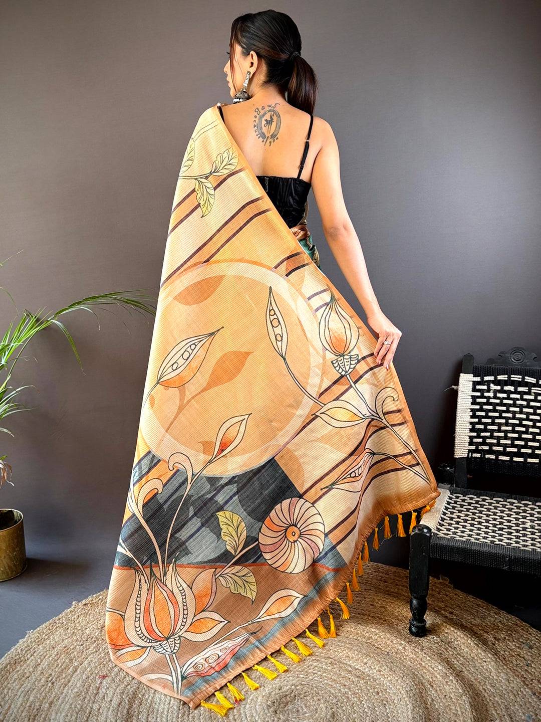 Peach Zari Tussar Printed Saree