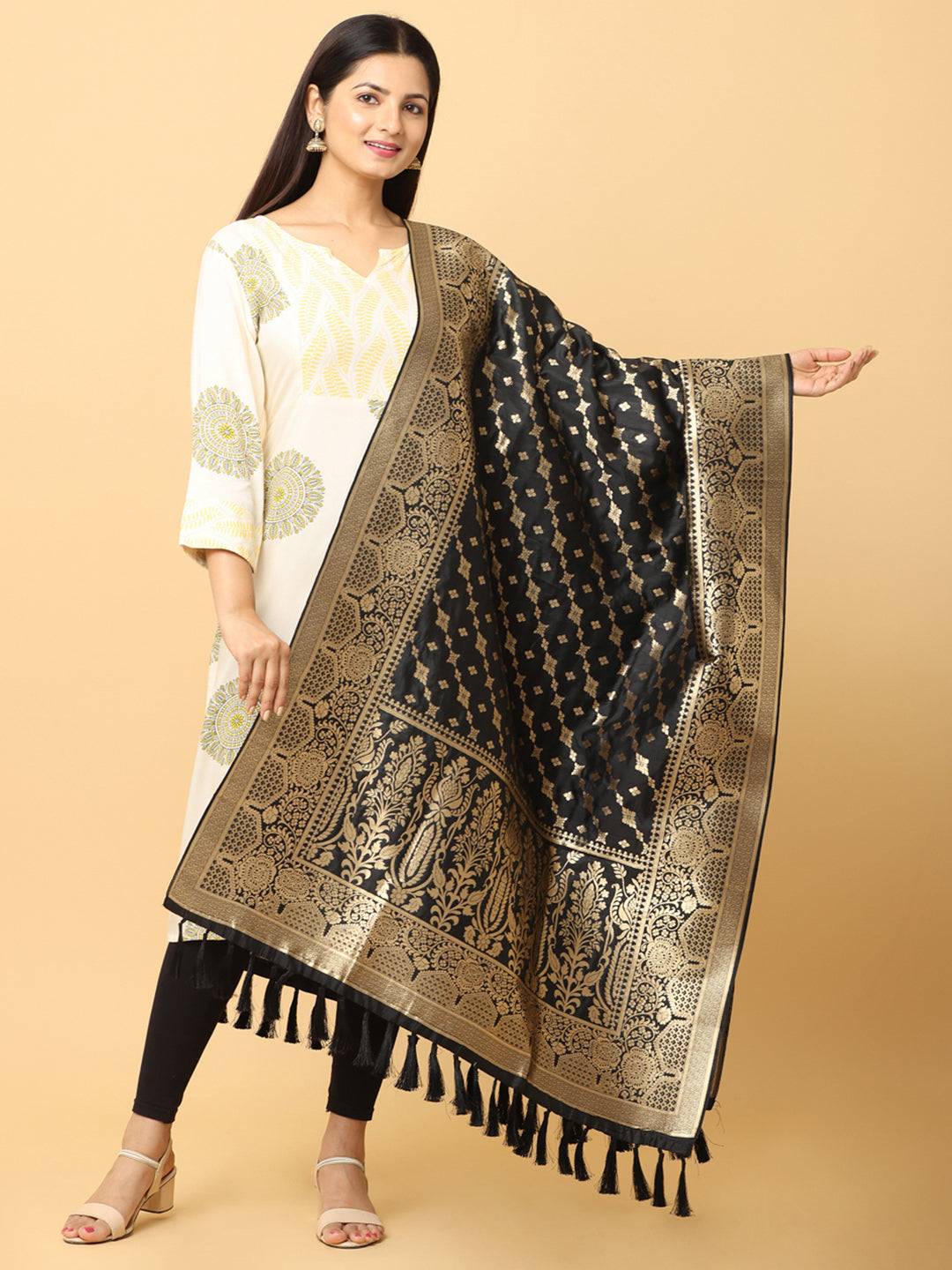 Latest Black Colour Woven Design Silk Blend Dupatta