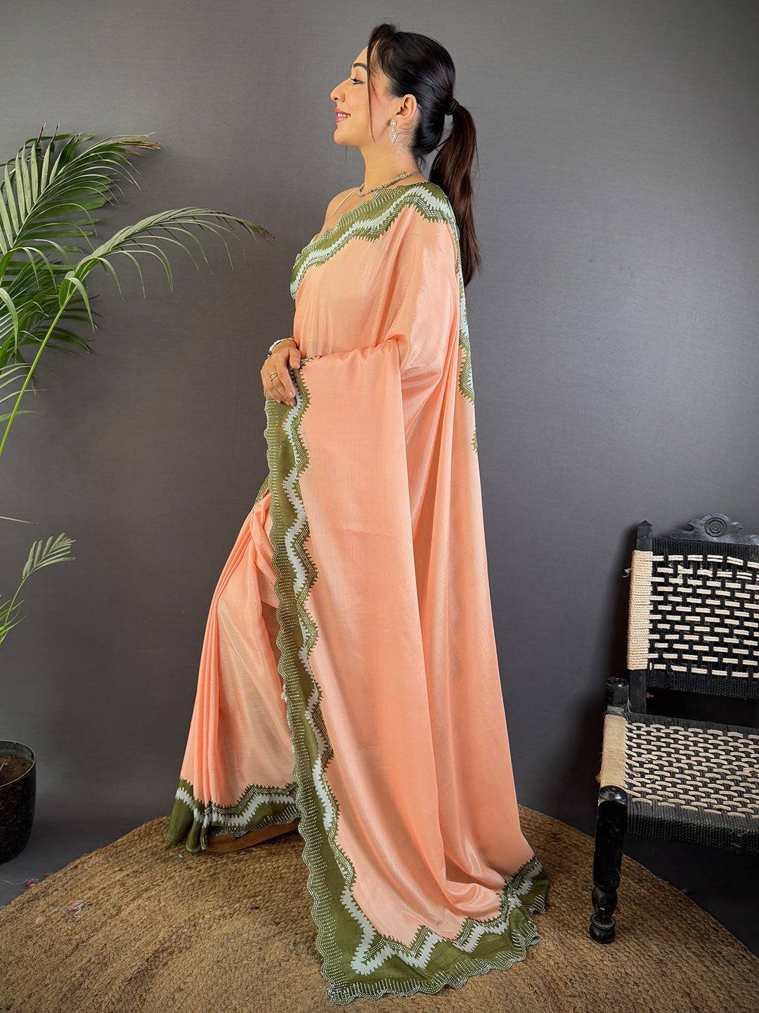 Peach Soft Chinnon Stone Work Saree