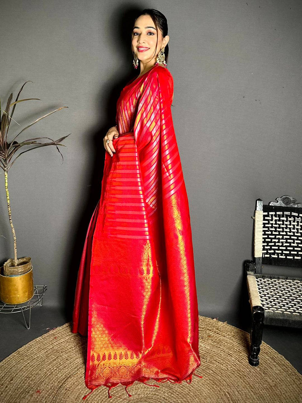 Pink Soft Silk Striped Weave Saree