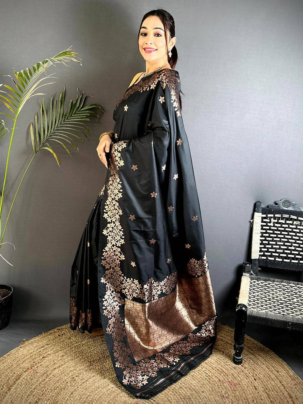 Rose Gold Blossom Soft Satin Silk Saree