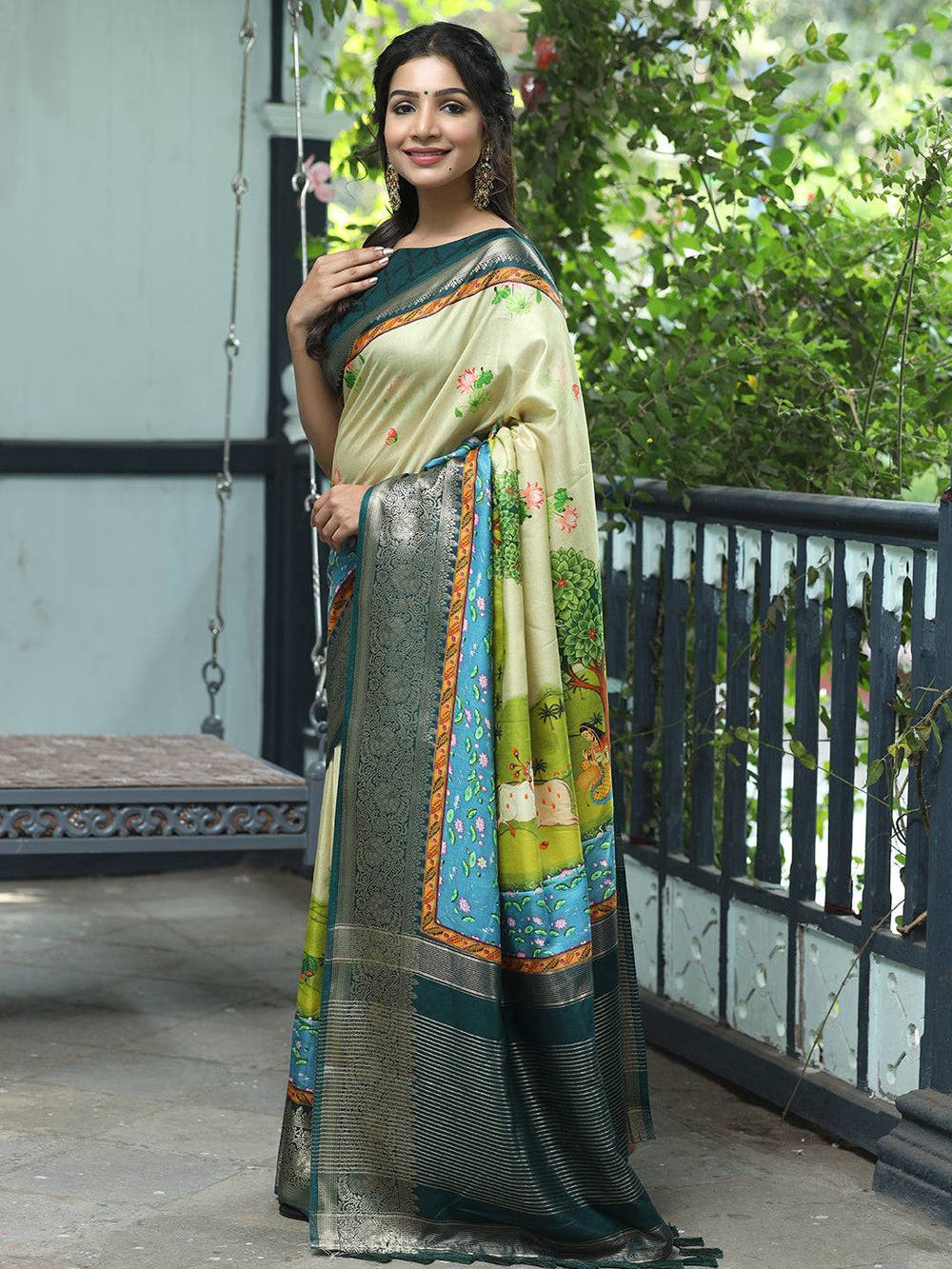 Pichwai Print Zari Weaving Pallu Saree In Pista Colour - Luxe