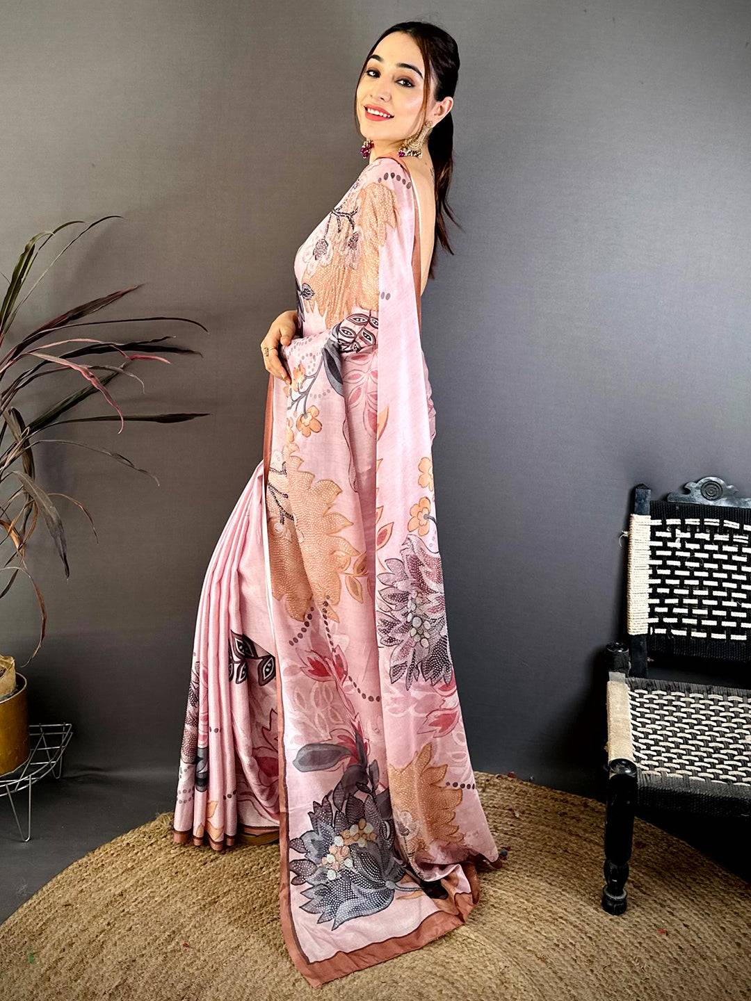 Light Pink Stone Work Floral Chinnon Saree
