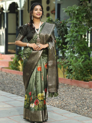 Dark Green Colour Pure Viscose Dola Silk Floral Print Saree - Luxe