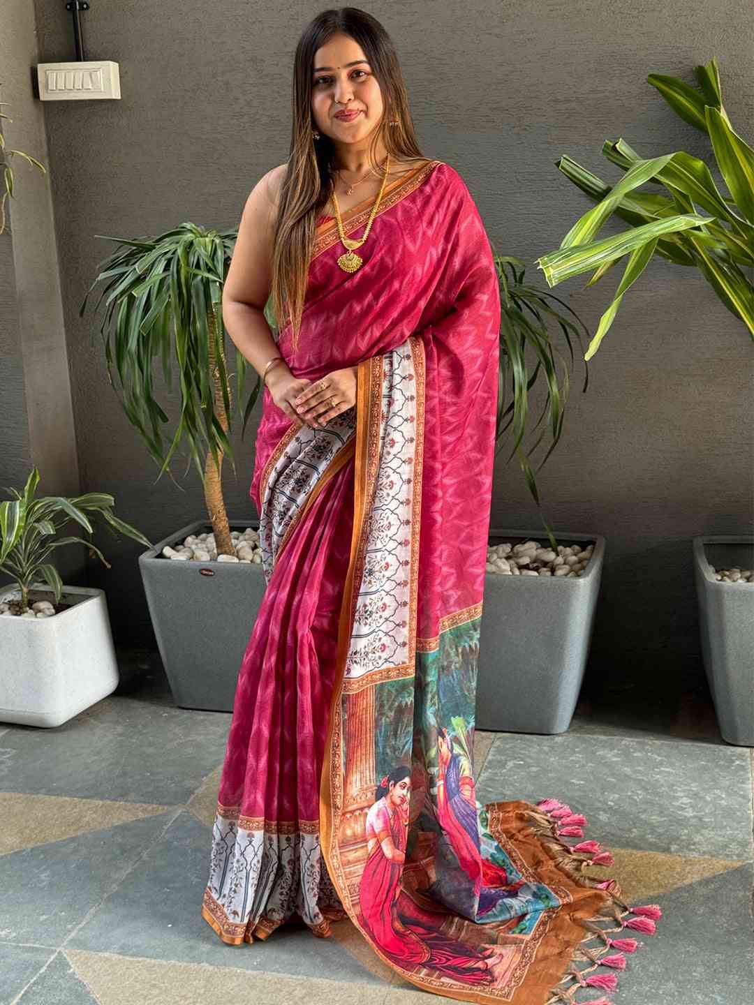 Rani Colour Ikkat Print Saree With kalamkari Block Print Design