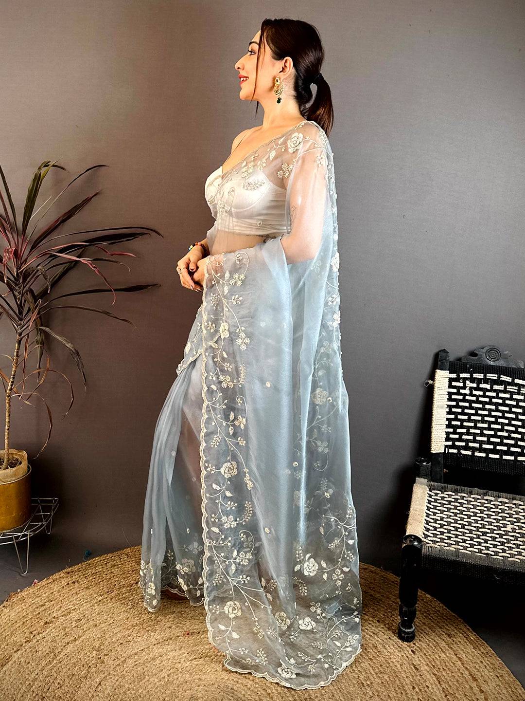 Opulent Pearl Embroidered Glass Organza Saree