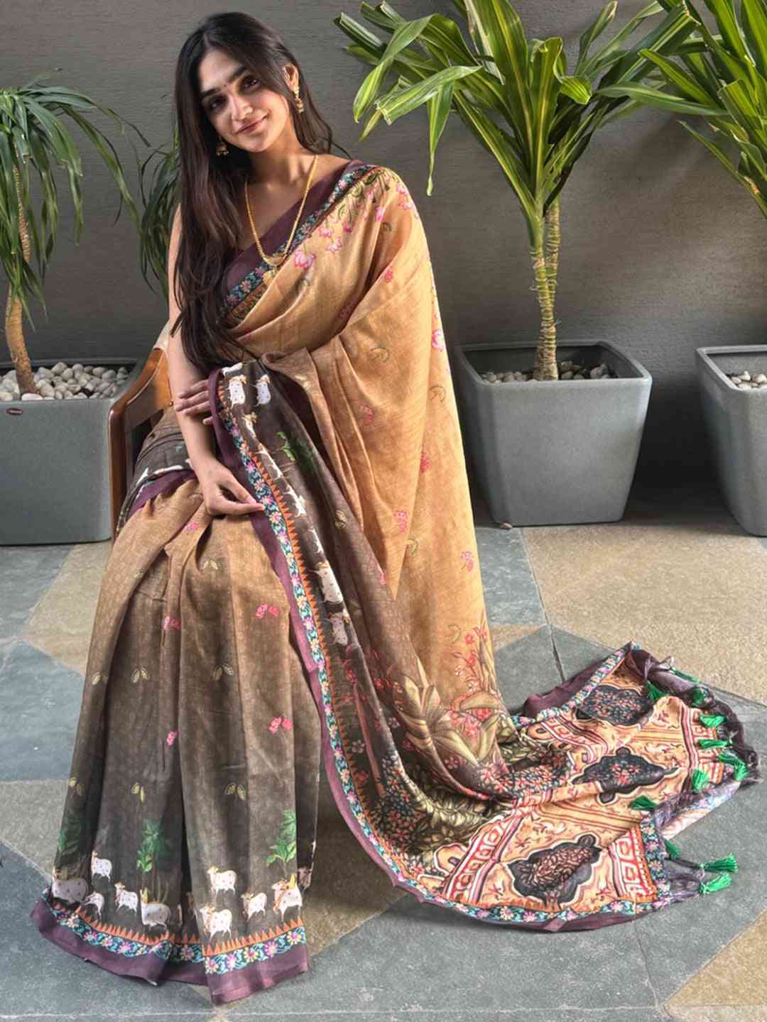 Soft Linen Ombre Pichwai Printed Brown Colour Saree