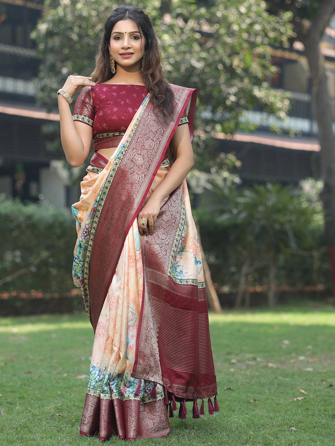 Peach Colour Phulkari Design Zari Weaving Pallu Saree - Luxe