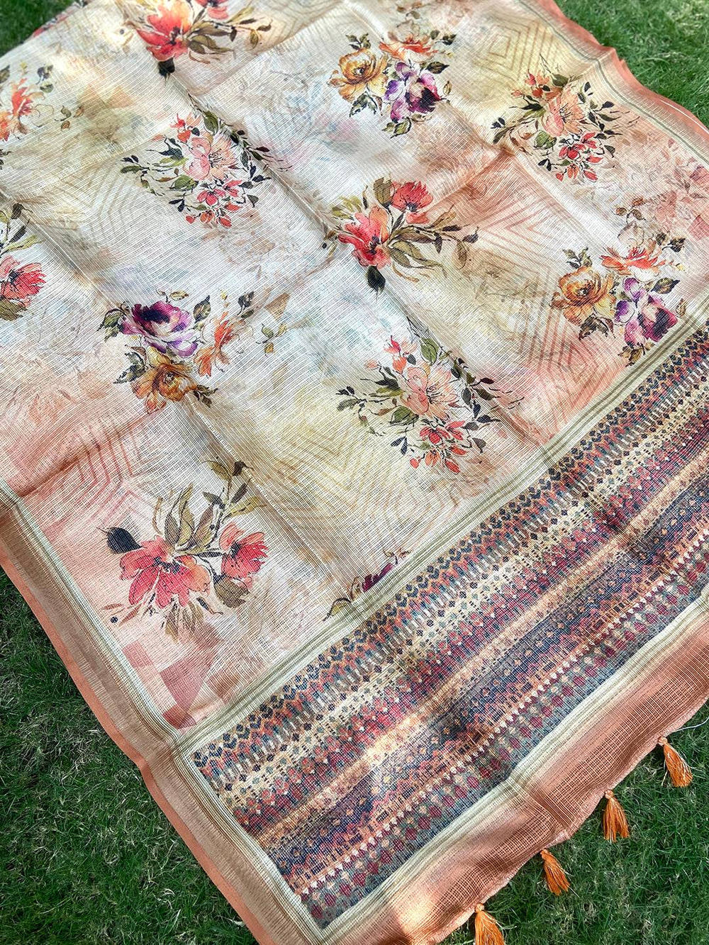 Traditional Peach Colour Soft Kota Doriya Silk Saree With Flower Print