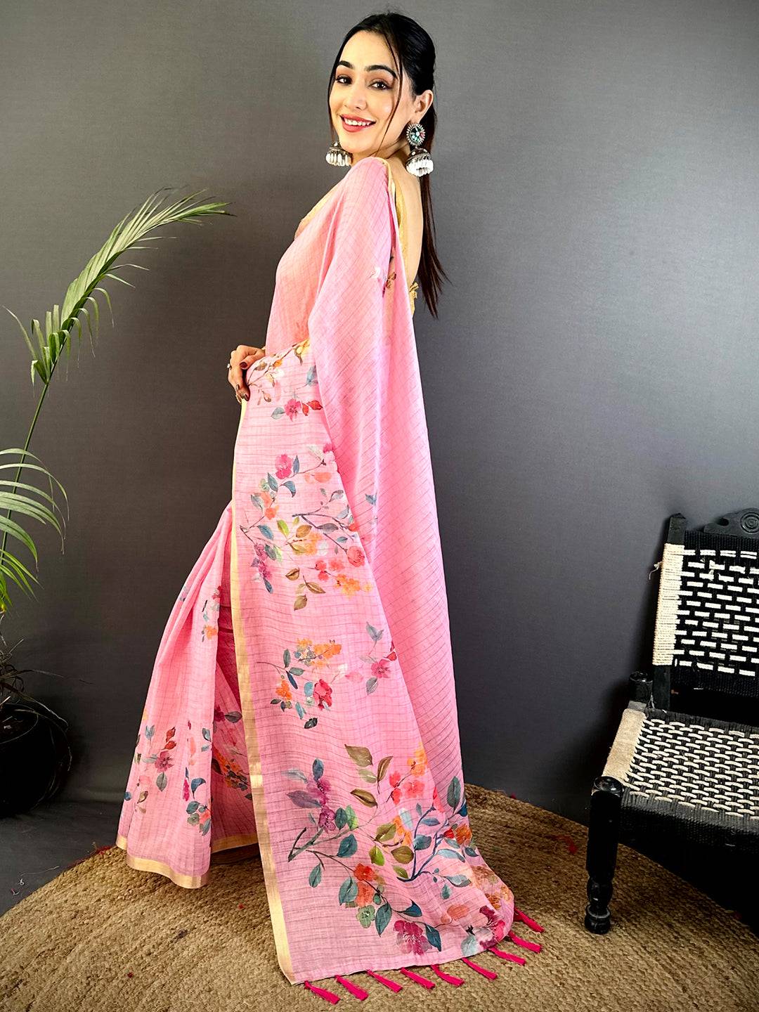 Pink Linen Chex Floral  Saree