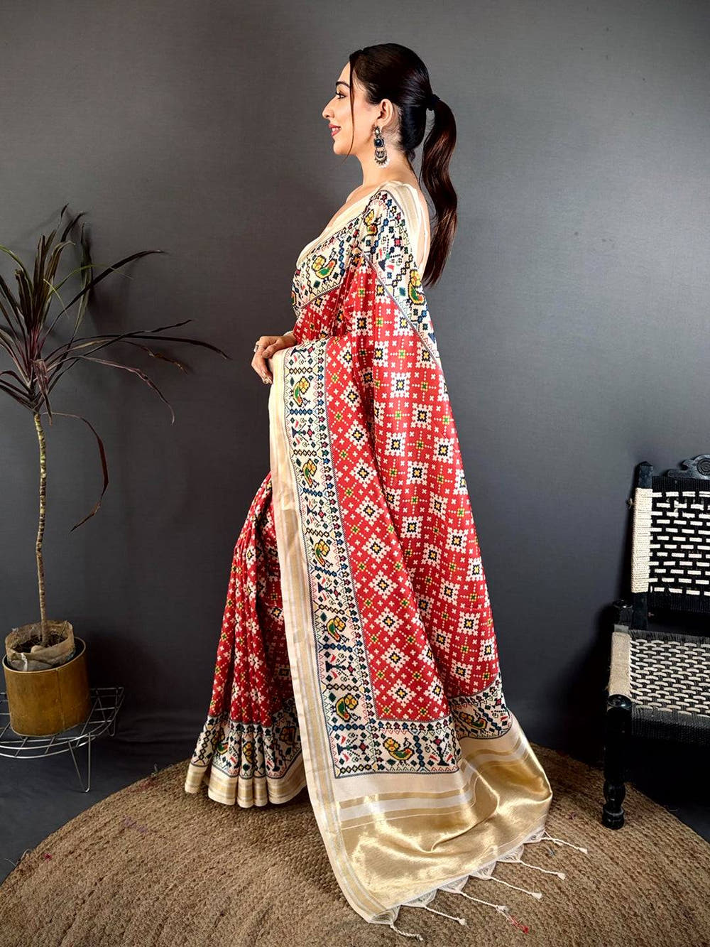 Ivory Red Allover Patola Kanchi Saree