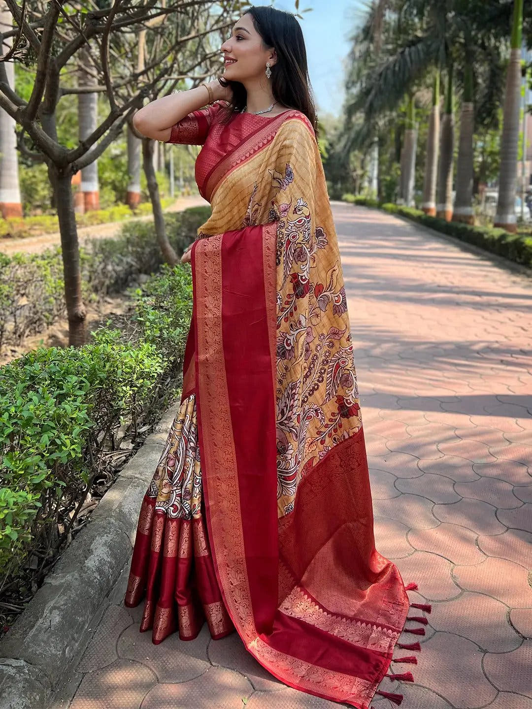 Mustard Double Border Chex Weaving Saree