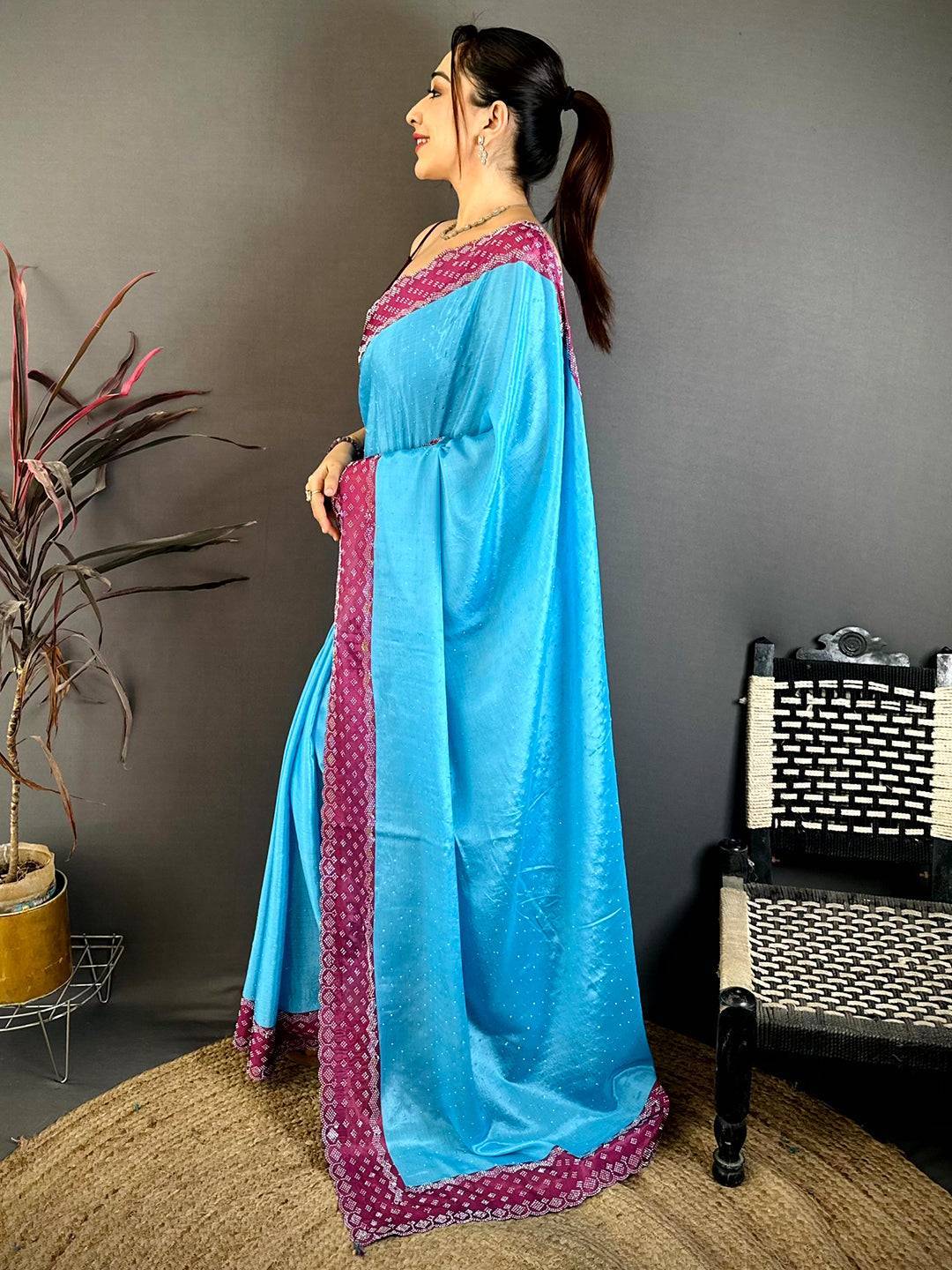 Sky Poly Chiffon Diamond Stone Work Saree