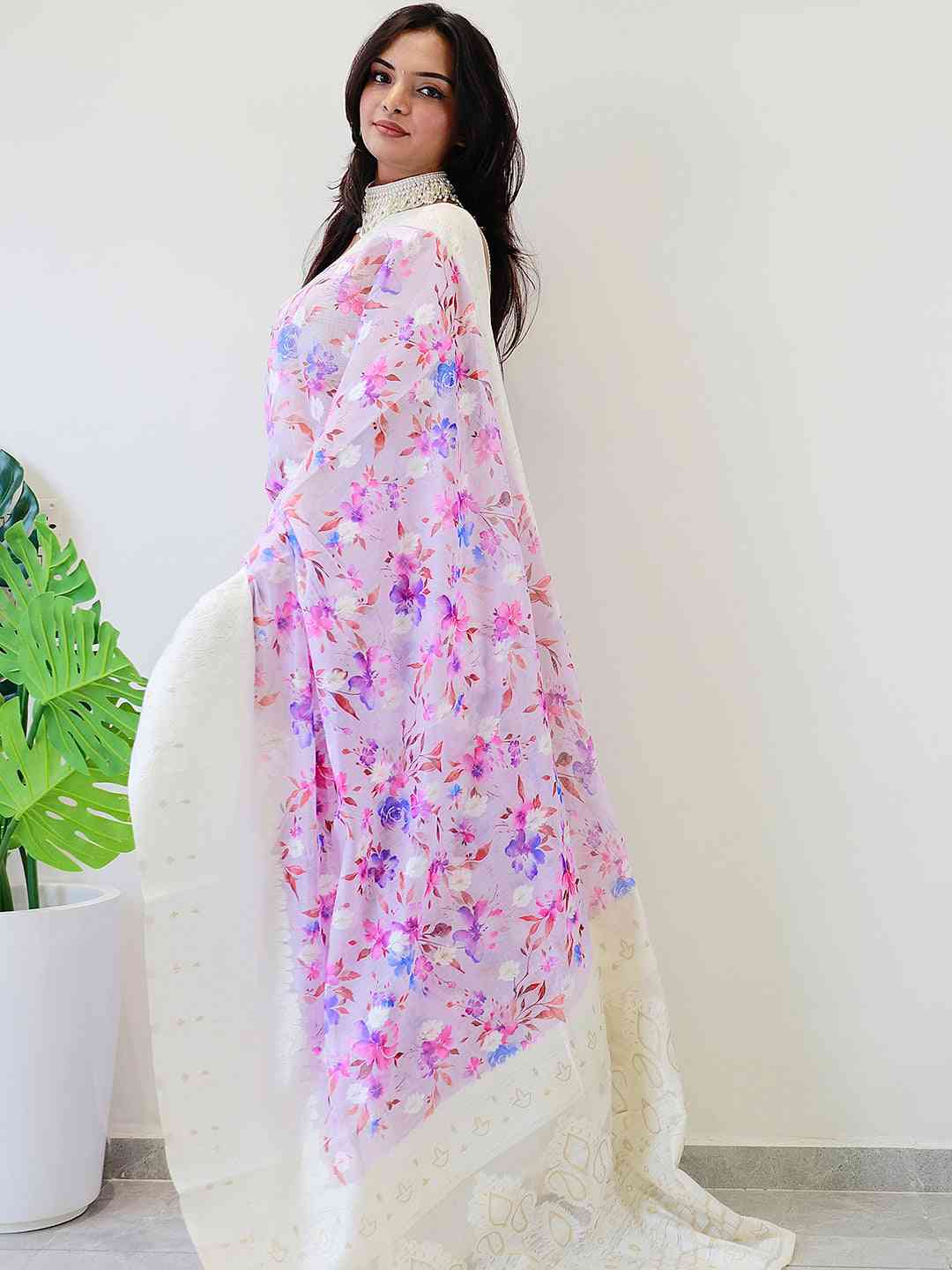 Multi Colour Digital Print Bollywood Saree in Lakhnavi Slub Pattern