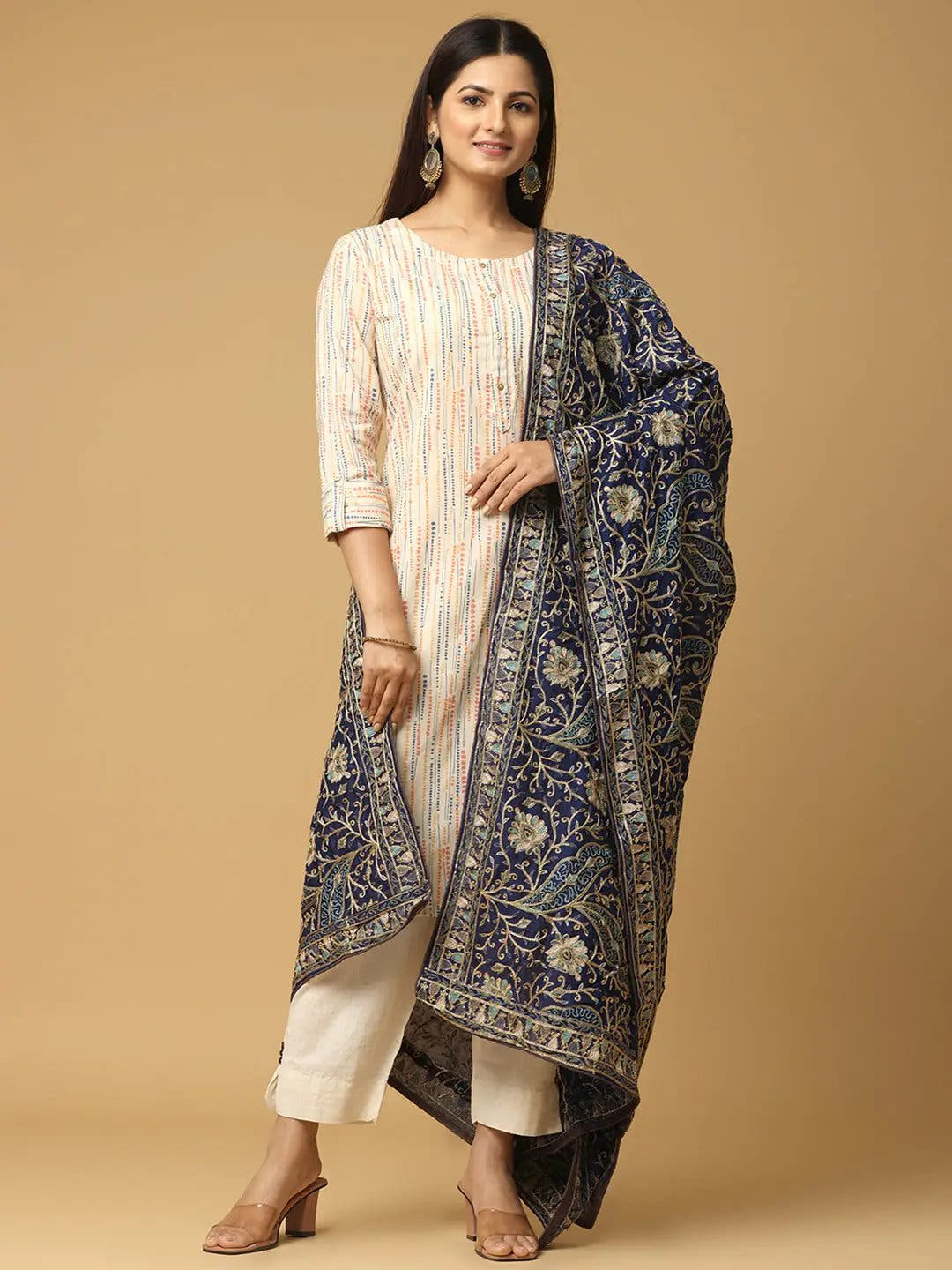 Navy Tonal Blue Paisley Pashmina Dupatta