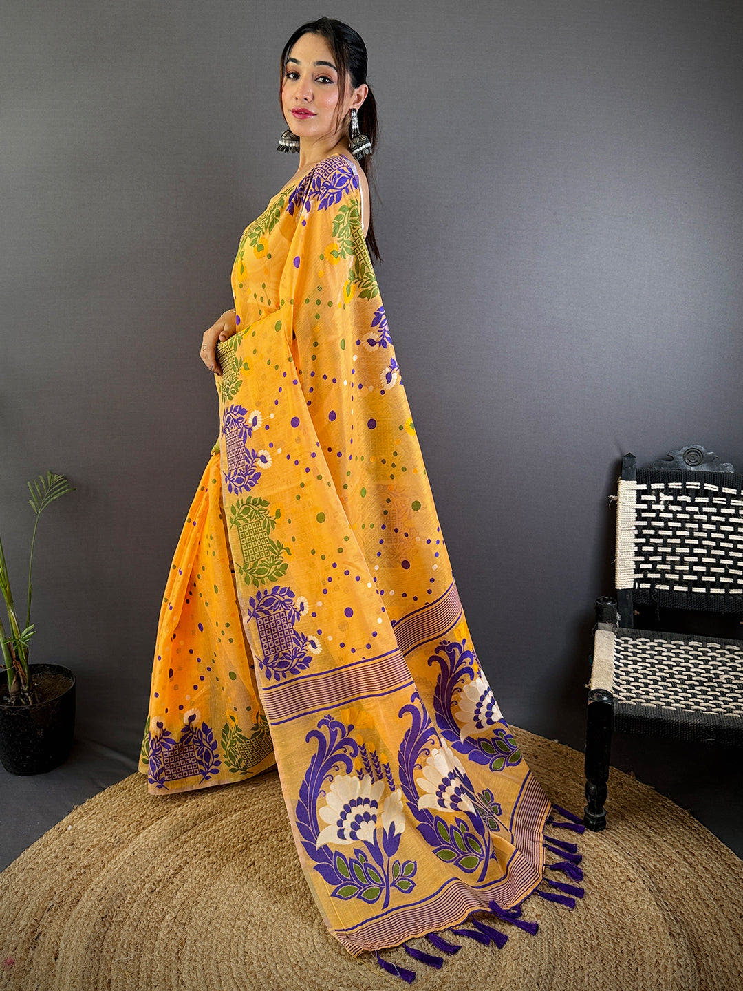 Yellow Dhakai Jamdani Cotton Silk Saree