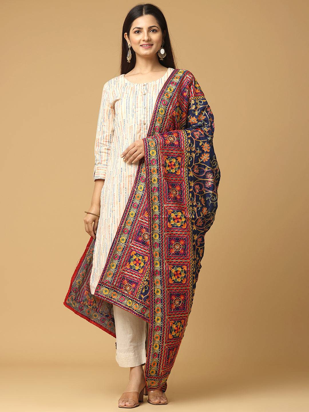 Navy Floral Border Pashmina Dupatta