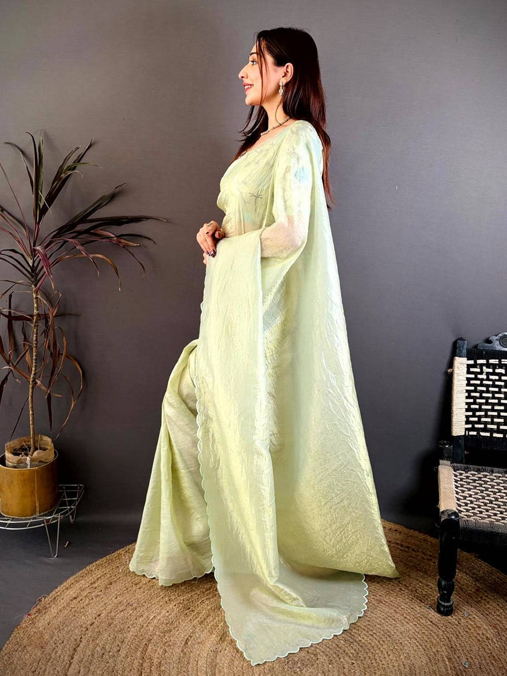 Lemon Yellow Bariq Cutwork Crash Silk Saree