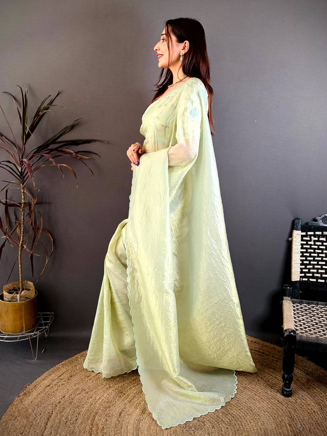 Lemon Yellow Bariq Cutwork Crash Silk Saree