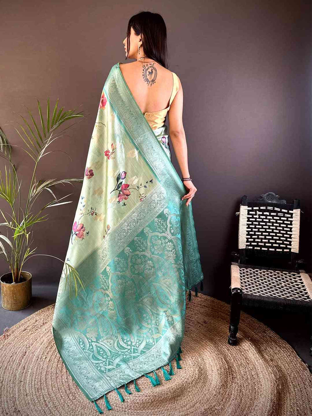 Mint Green Bamboo Silk Floral Saree