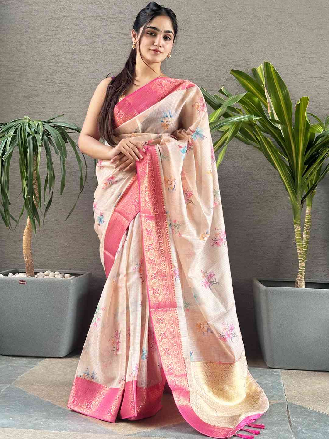Peach Colour Digital Flower Print Kota Silk Saree