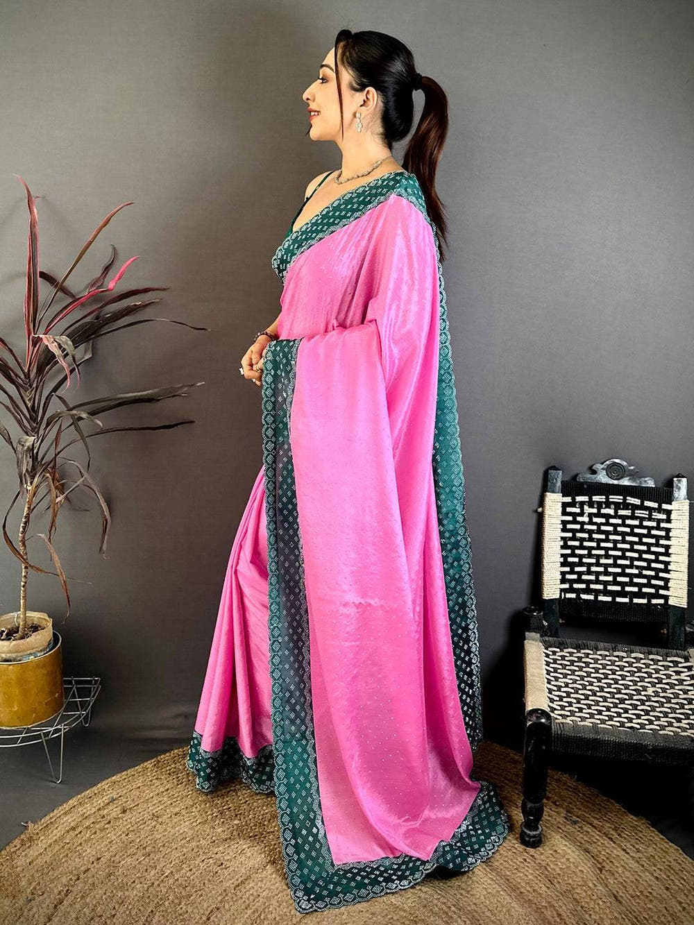 Rose Pink Poly Chiffon Diamond Stone Work Saree