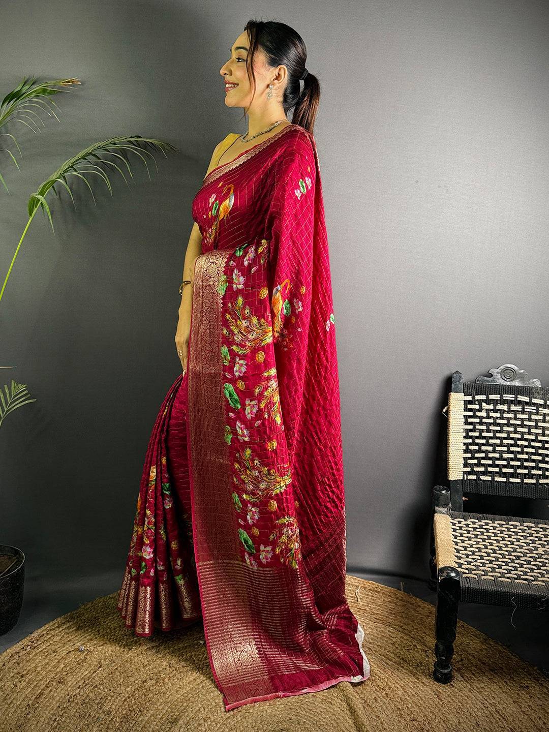 Rose Pink Pure Viscose Kalalmkari Print Saree